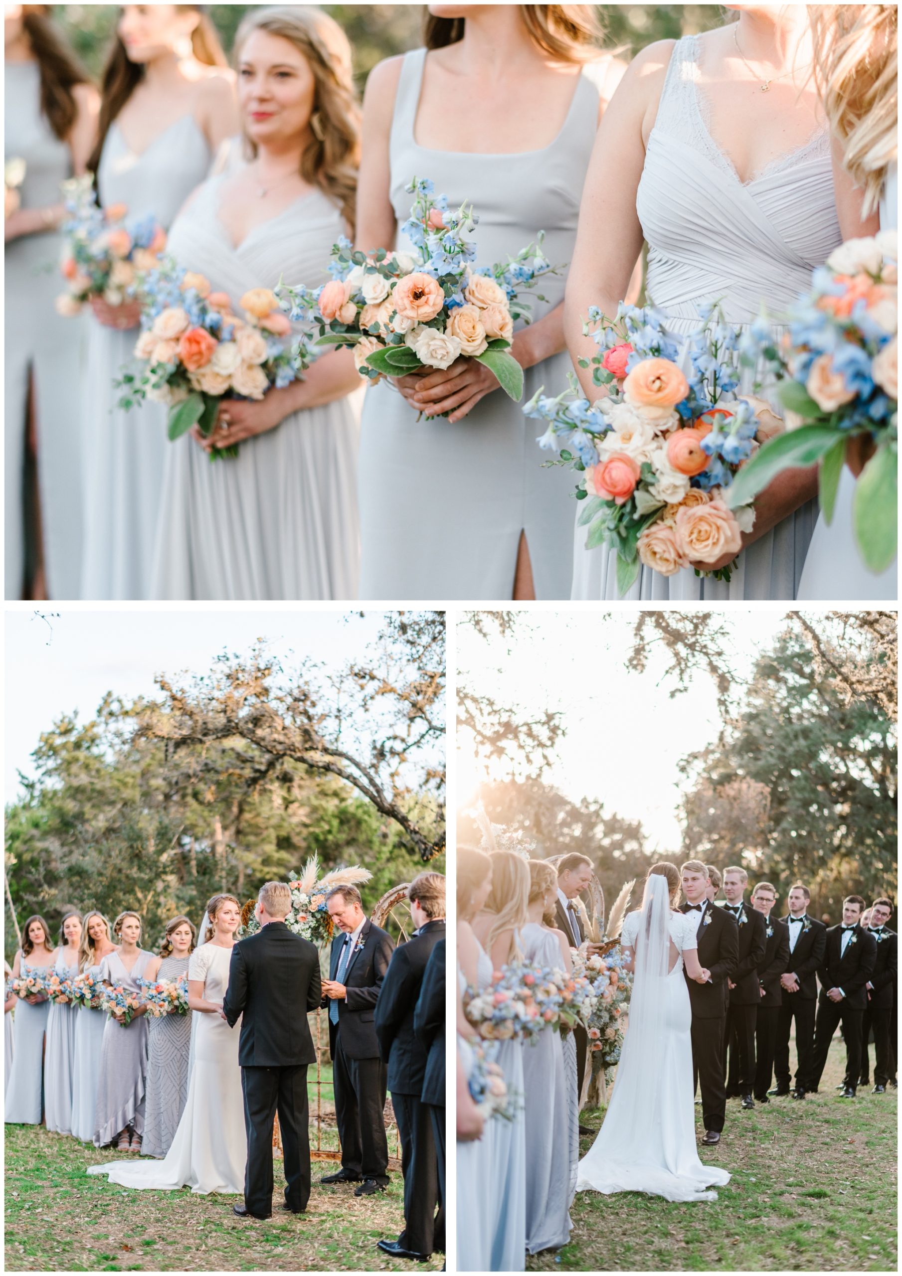 Dusty blue bridesmaids with peach, blue and orange bouquets 