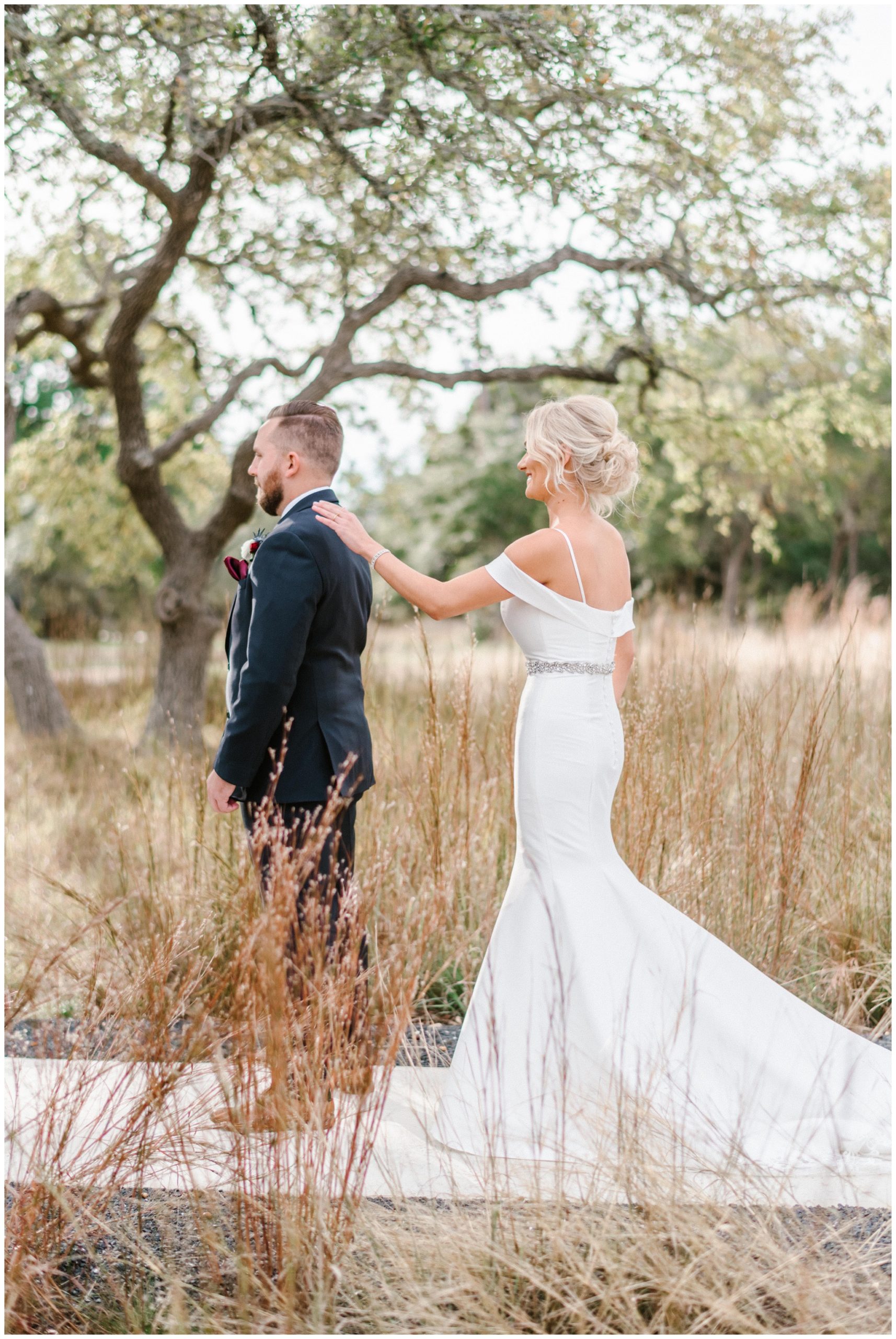 First look photo inspiration, Cedars Ranch Austin TX Venue, Joslyn Holtfort Austin Wedding Photographer