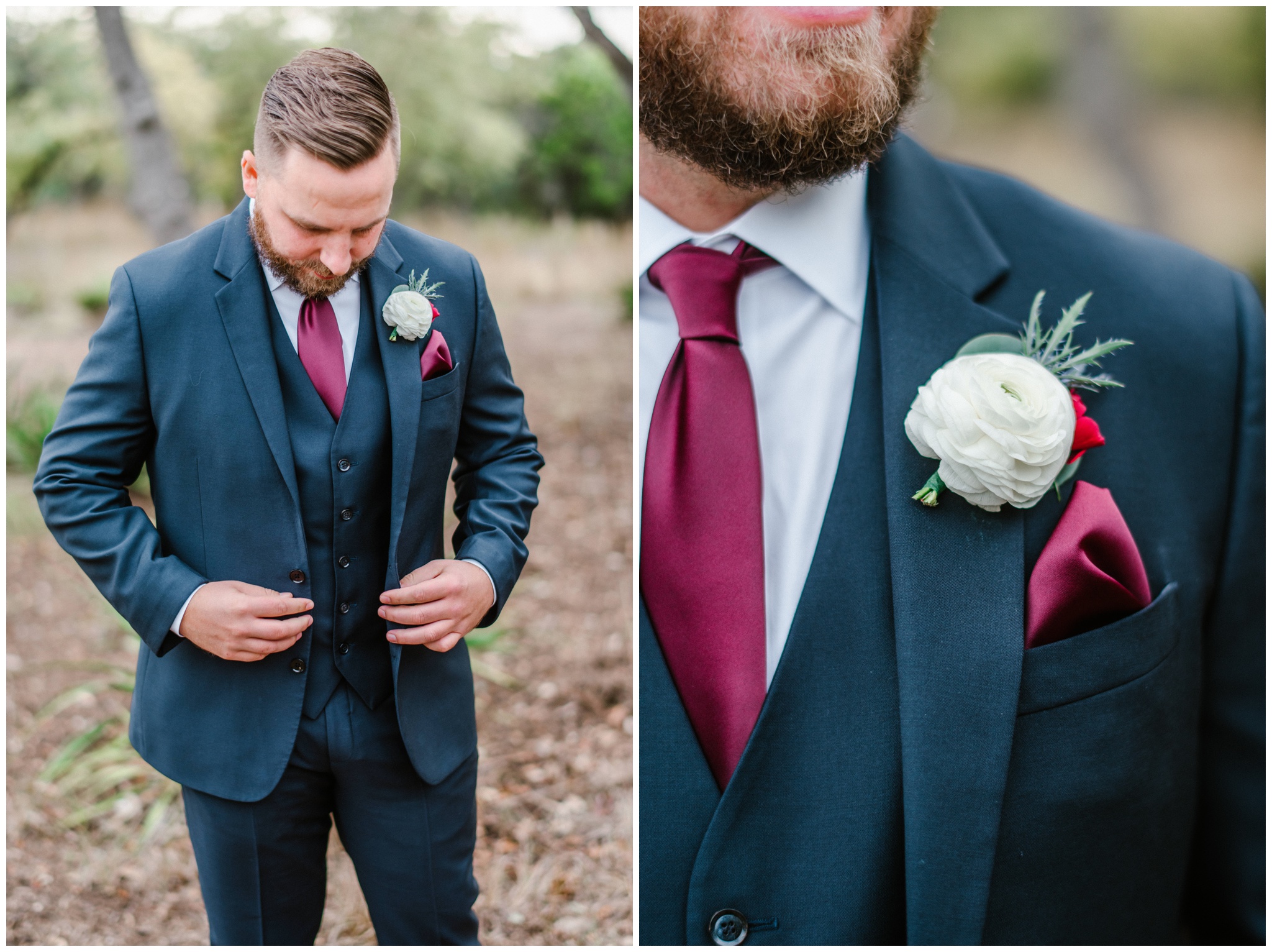 Groom Navy Suit Burgundy Tie, Joslyn Holtfort Austin TX Wedding Photographer