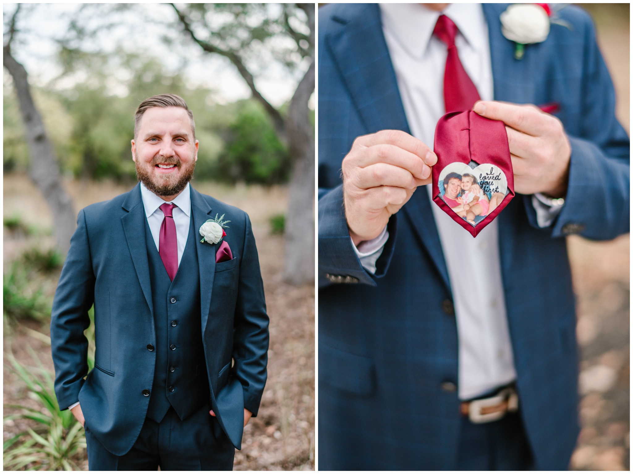 Special Note from mom on back of groom's tie, Joslyn Holtfort Austin TX Wedding Photographer