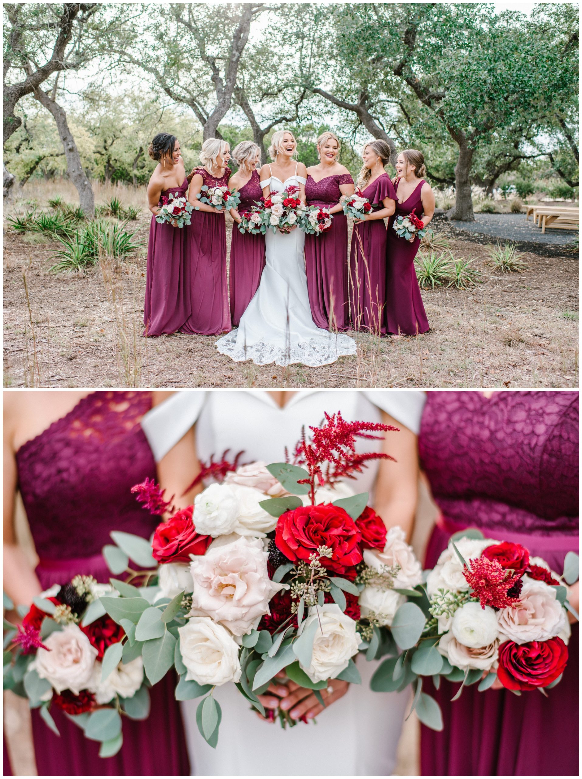 Burgundy bridesmaid dress inspiration, red and white wedding bouquets, Joslyn Holtfort Austin TX Wedding Photographer