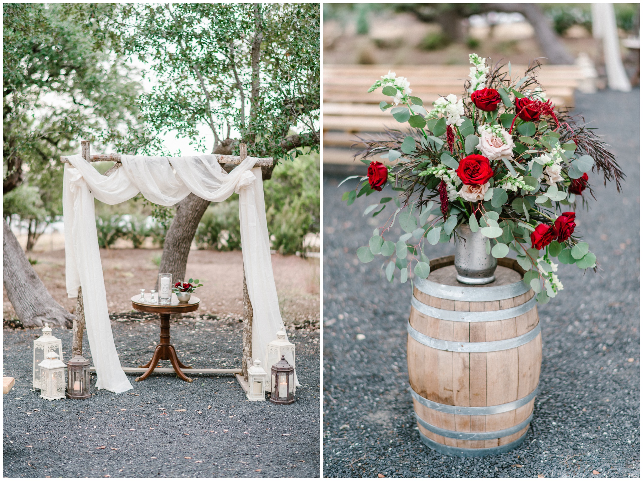 Ceremony arch with ivory draping, Burgundy and cream altar piece on wine barrel, Joslyn Holtfort Austin TX Wedding Photographer