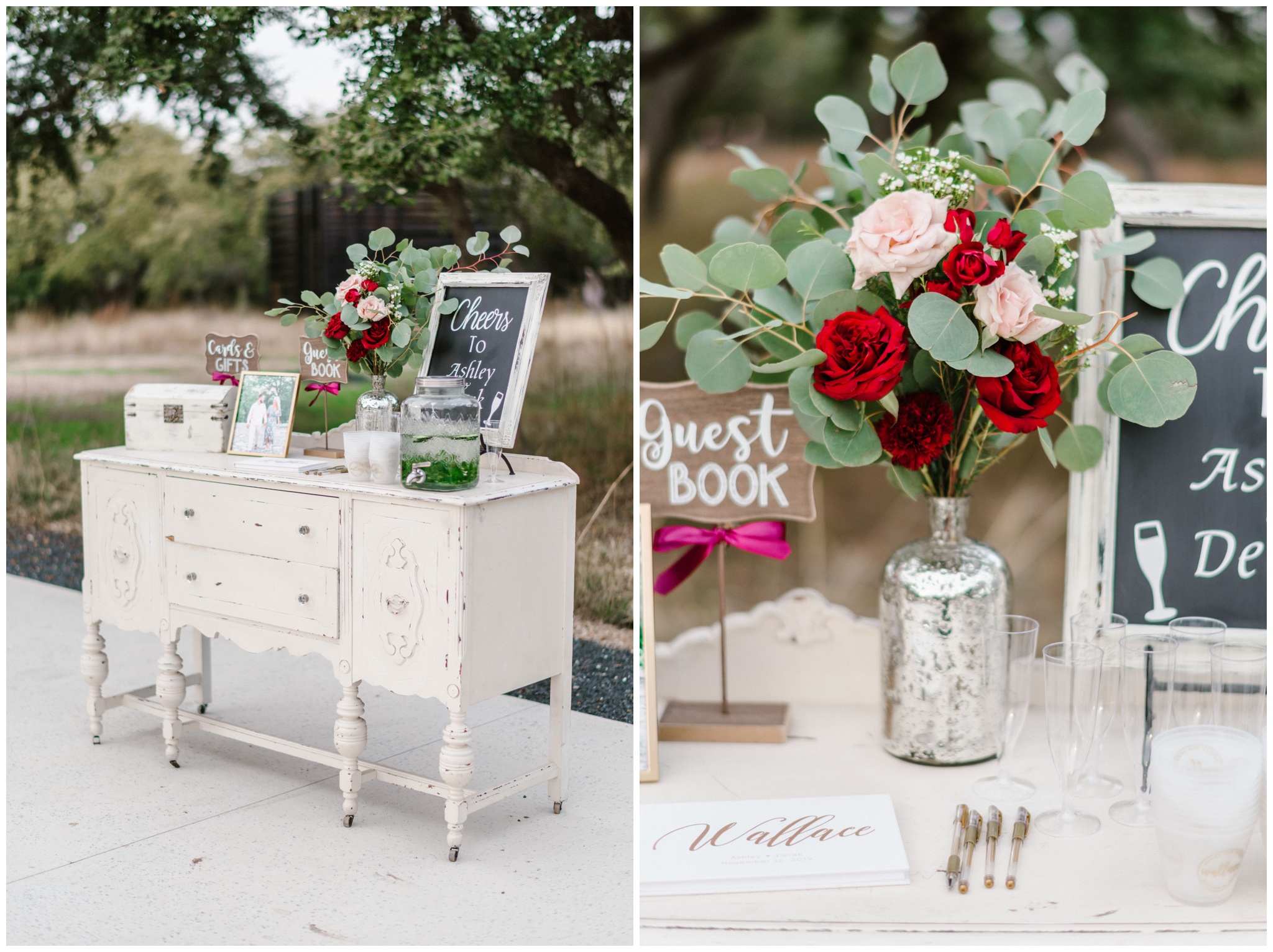 Vintage wedding welcome table, burgundy and white wedding flowers light and airy wedding photographer, Joslyn Holtfort Photography