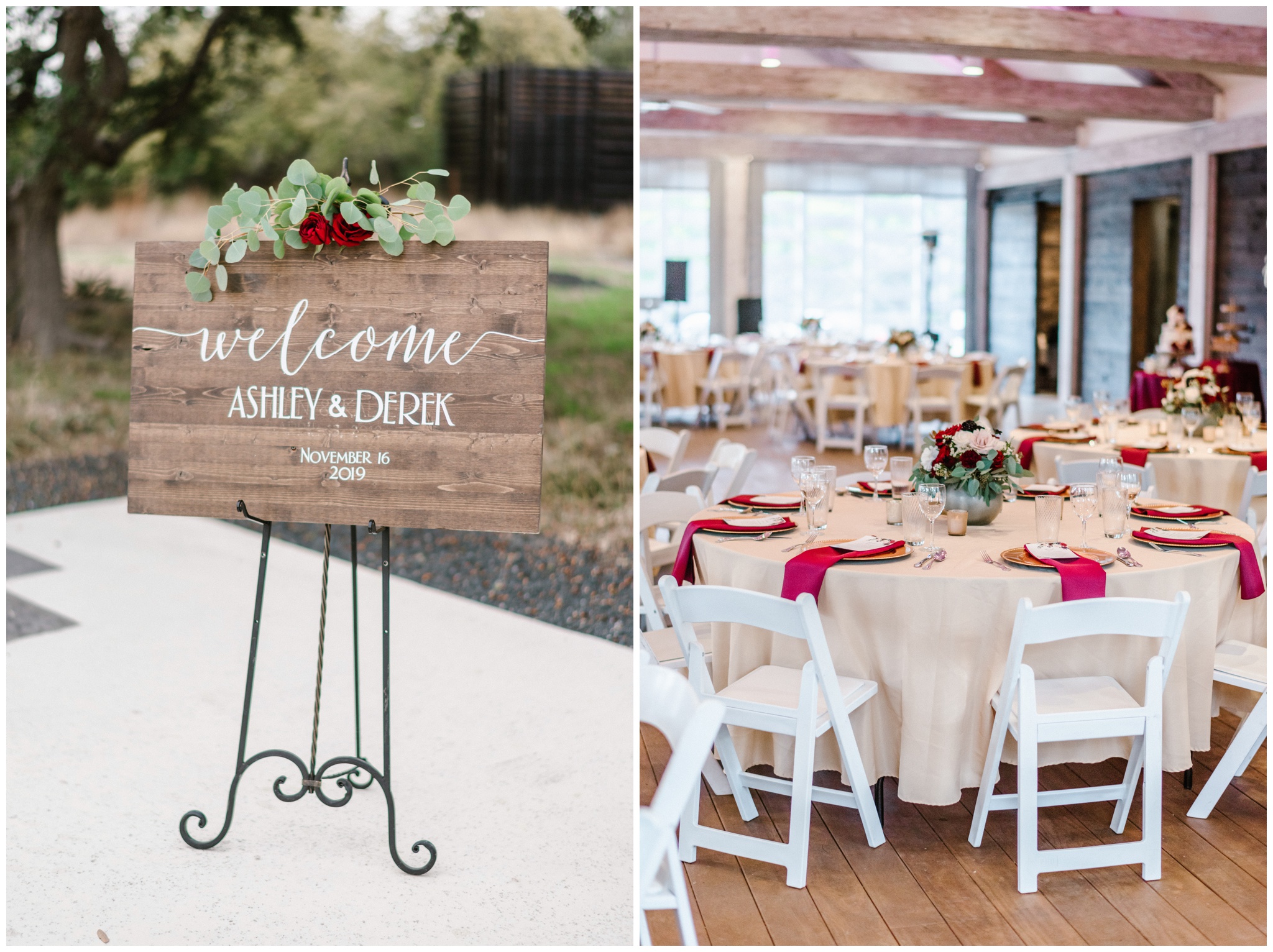 Wooden welcome sign with red roses, Cedars Ranch Venue, Austin TX