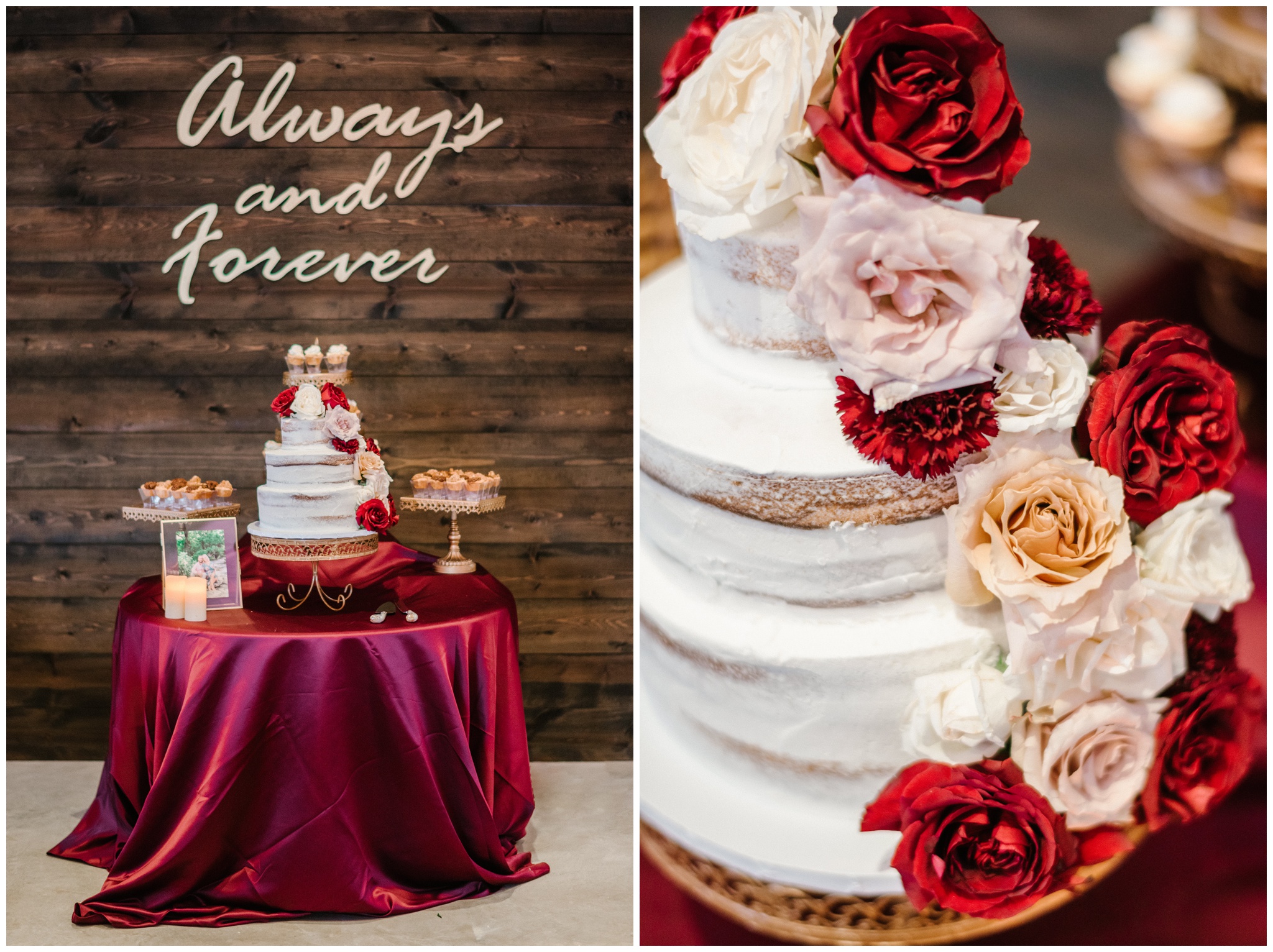 Burgundy cake table, naked wedding cake with burgundy flowers light and airy wedding photographer, Joslyn Holtfort Photography