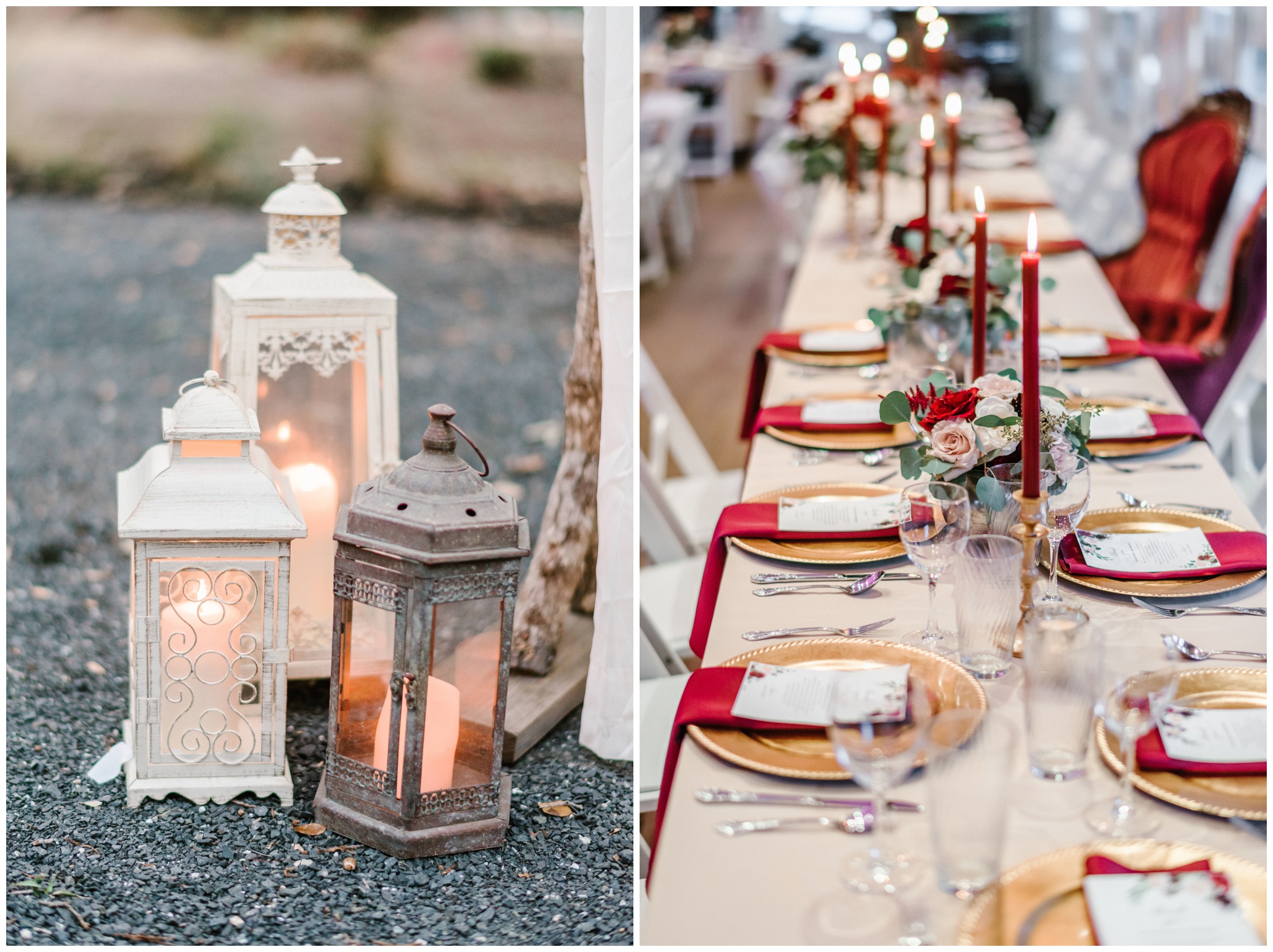 wedding lantern decor inspiration, burgundy and white wedding tablescape, light and airy wedding photographer, Joslyn Holtfort Photography