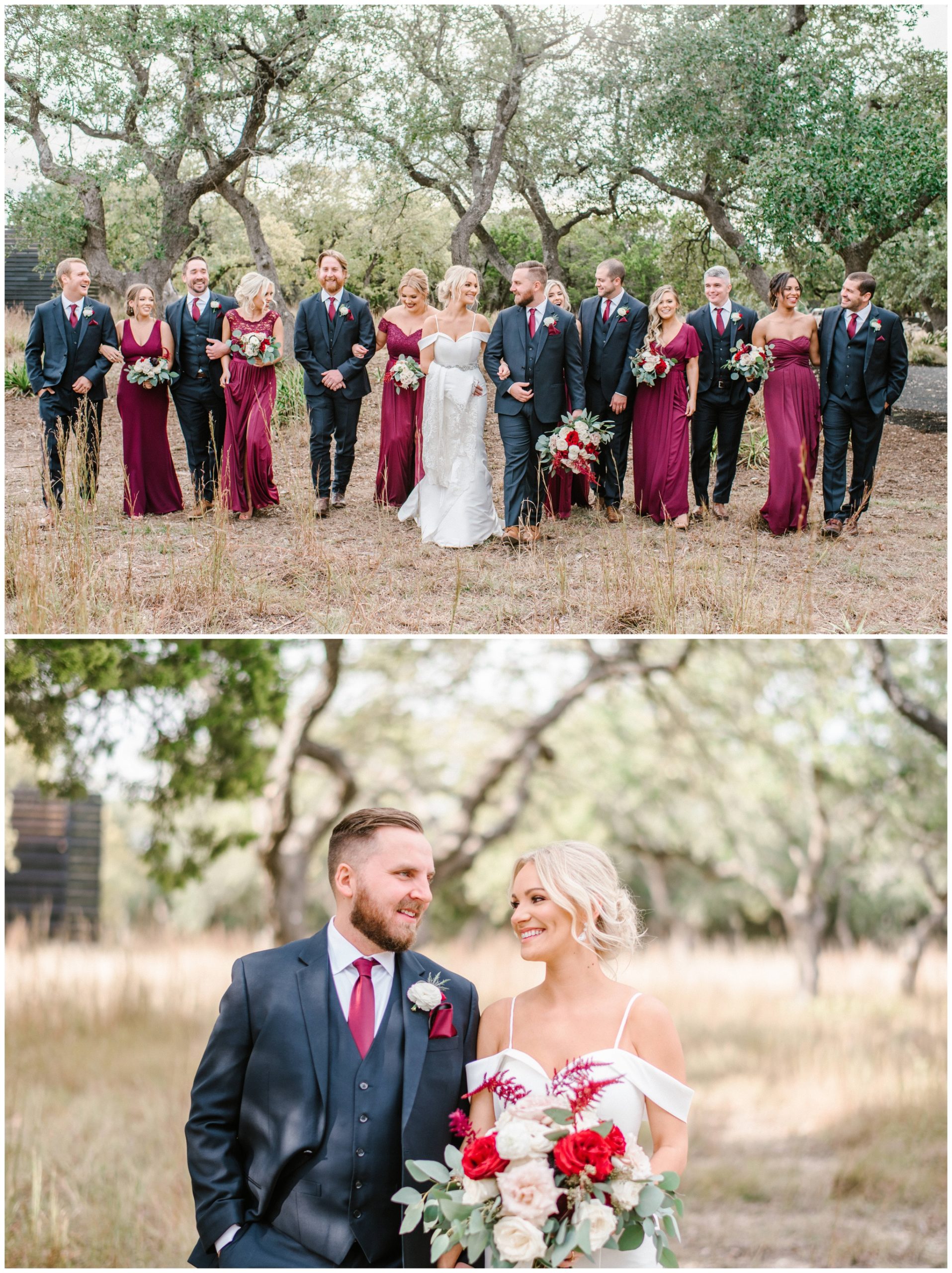 Burgundy and navy bridal party attire, winter wedding inspiration, Cedars Ranch Venue, Joslyn Holtfort Photography