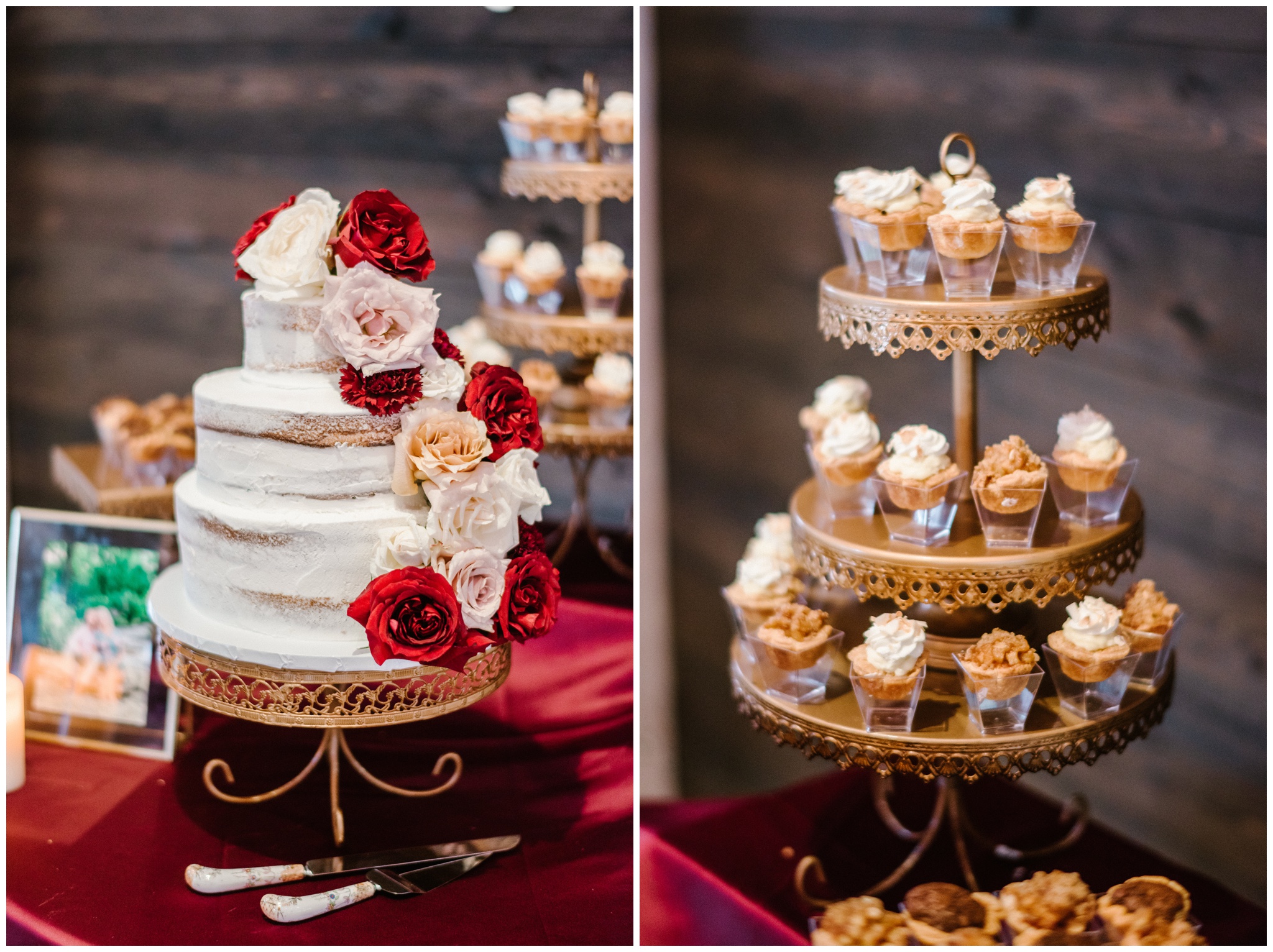 Burgundy and white wedding cake, wedding dessert table inspiration, Joslyn Holtfort Photography