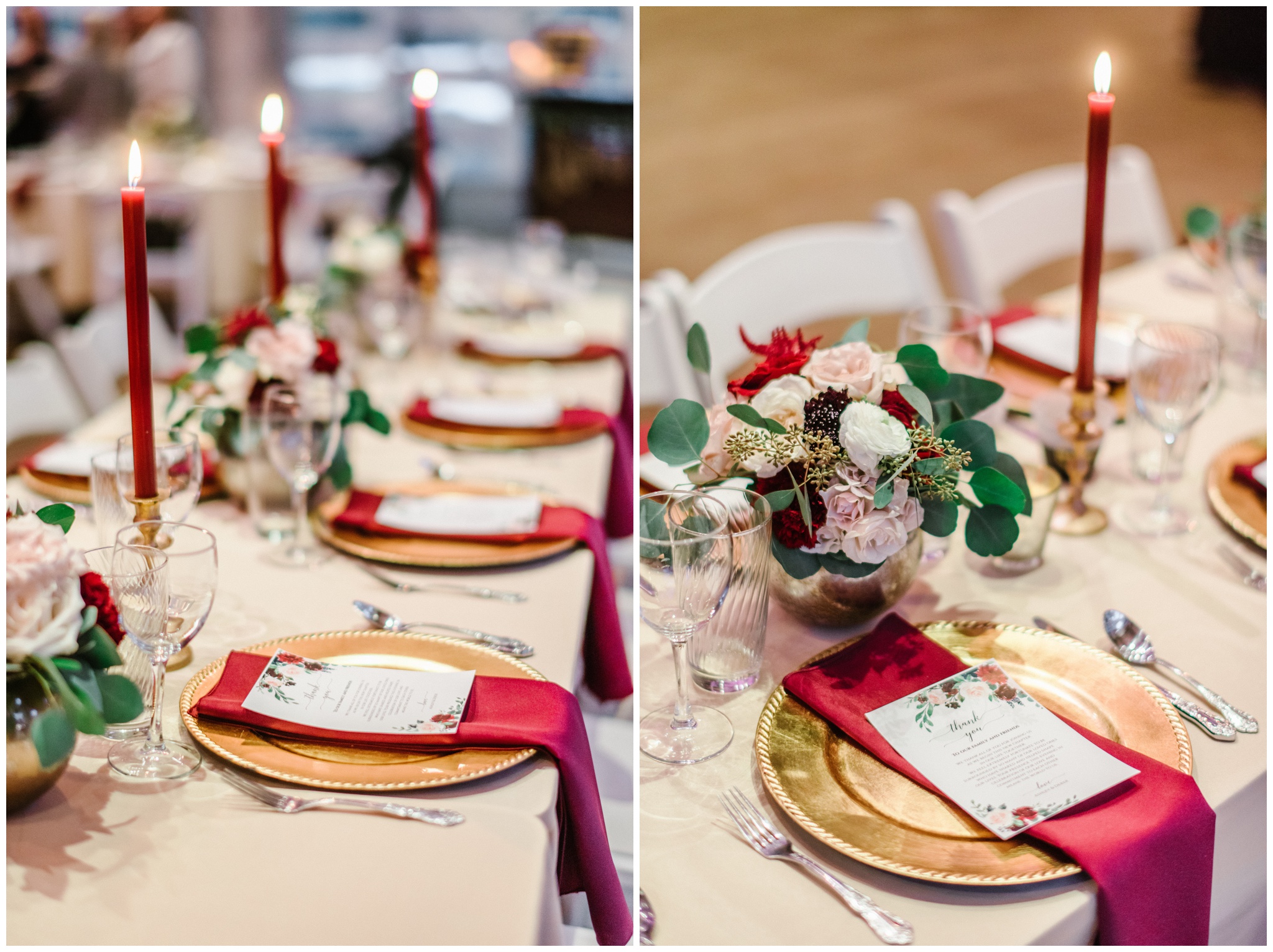 Burgundy and white wedding tablescape inspiration, burgundy taper candles, Joslyn Holtfort Photography