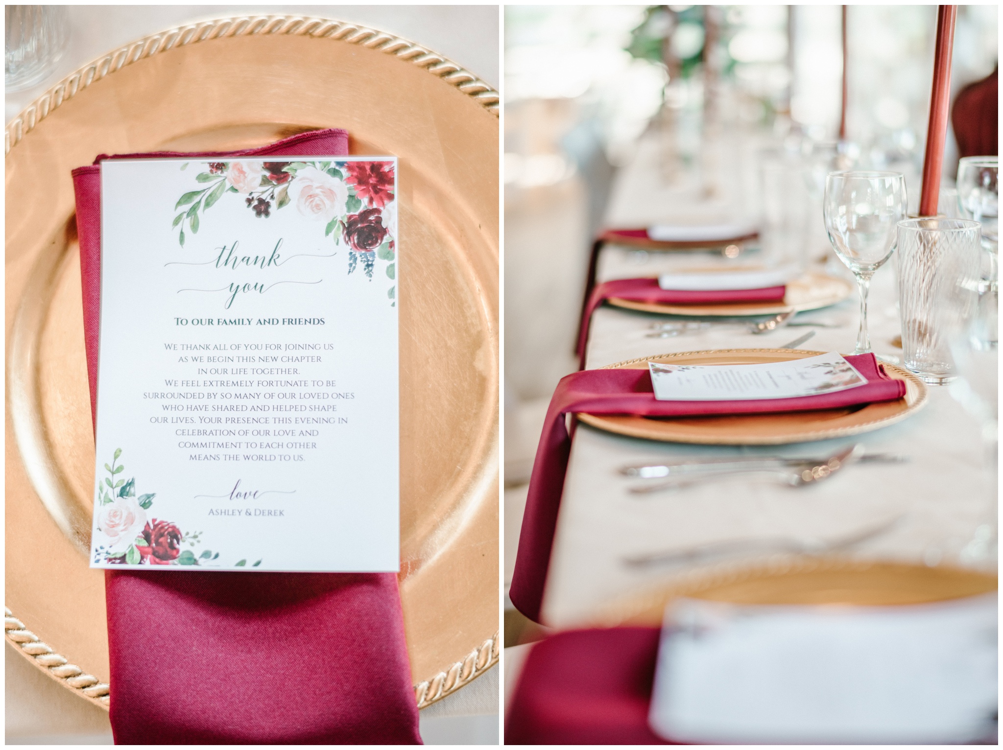 Burgundy wedding tablescape with gold chargers, Joslyn Holtfort Austin Wedding Photographer
