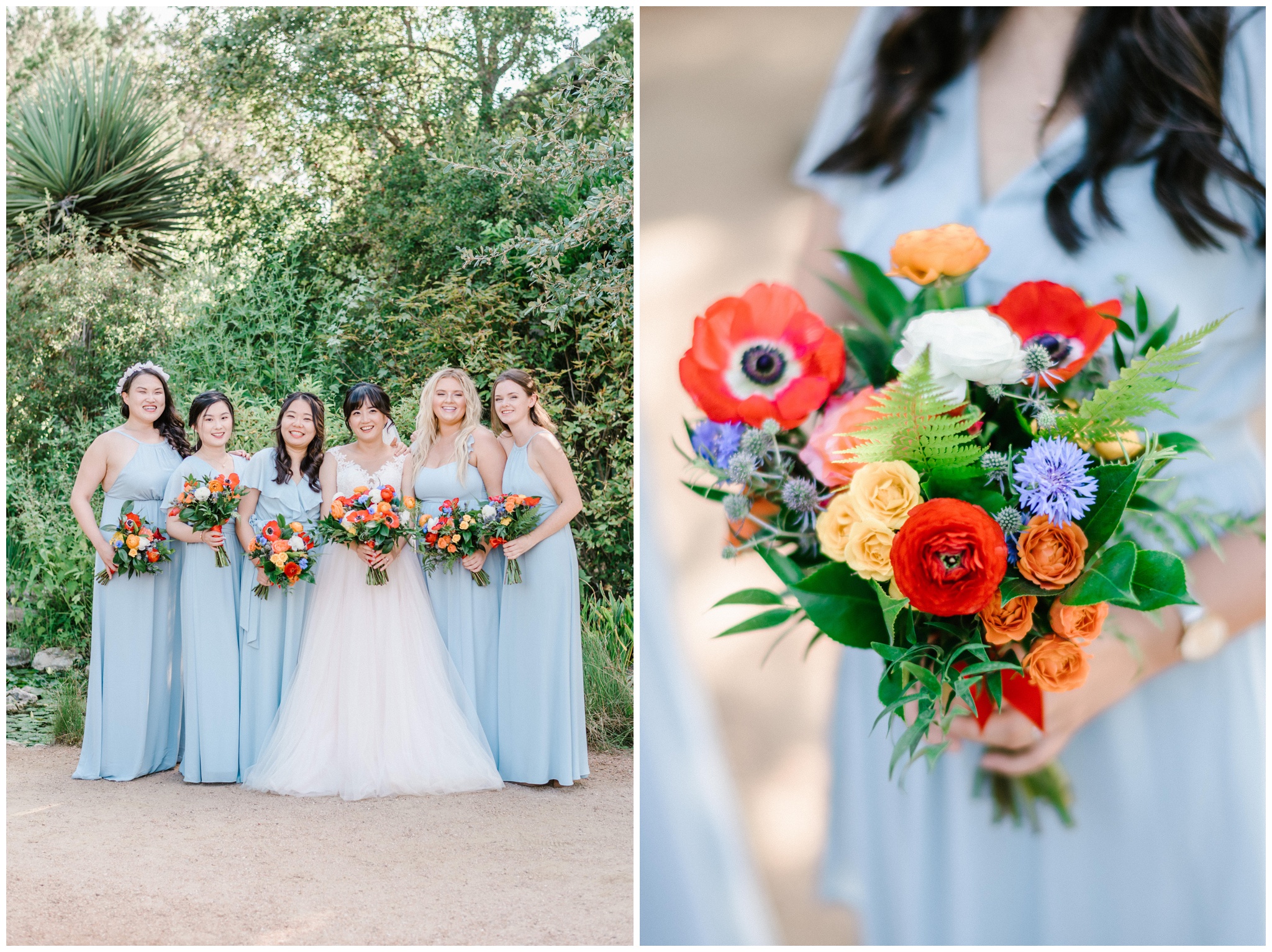 Pale blue bridesmaid dress inspiration, bridal bouquet with red anemones, Joslyn Holtfort Wedding Photography