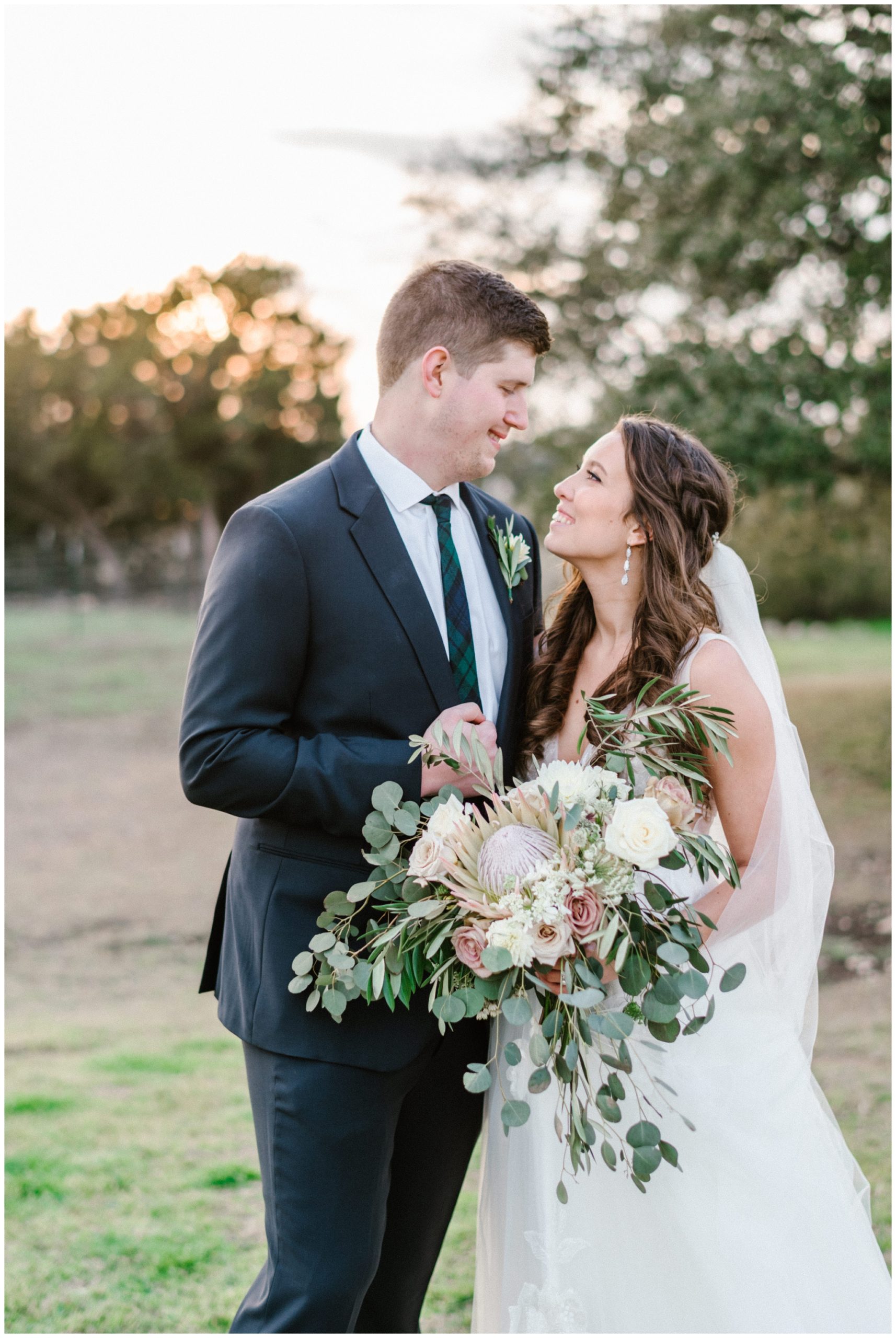 Bride and groom portraits at Sunset at Cricket Hill Ranch in Austin, Texas 