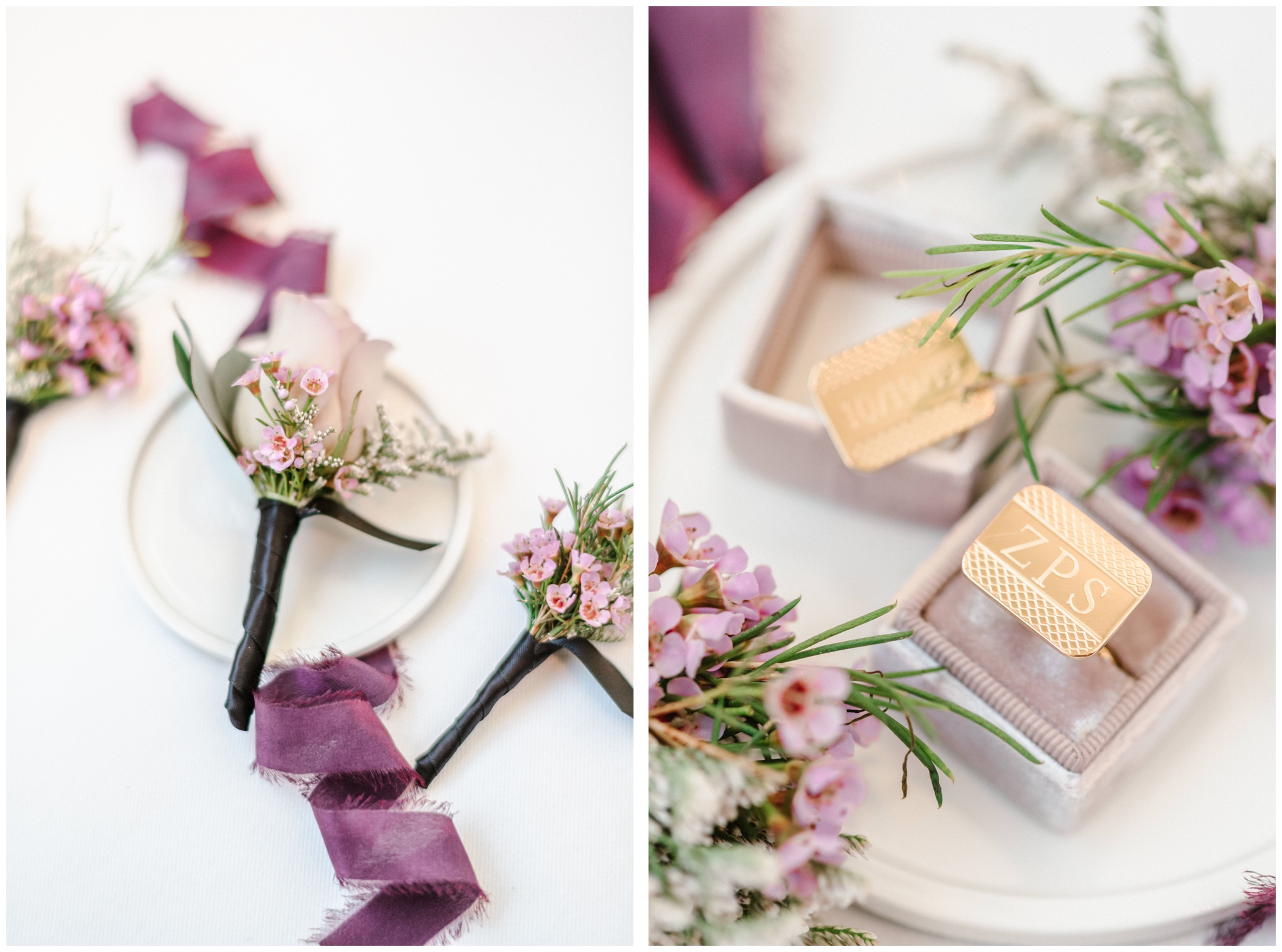 Violet and gold wedding inspiration, with purple bouquets