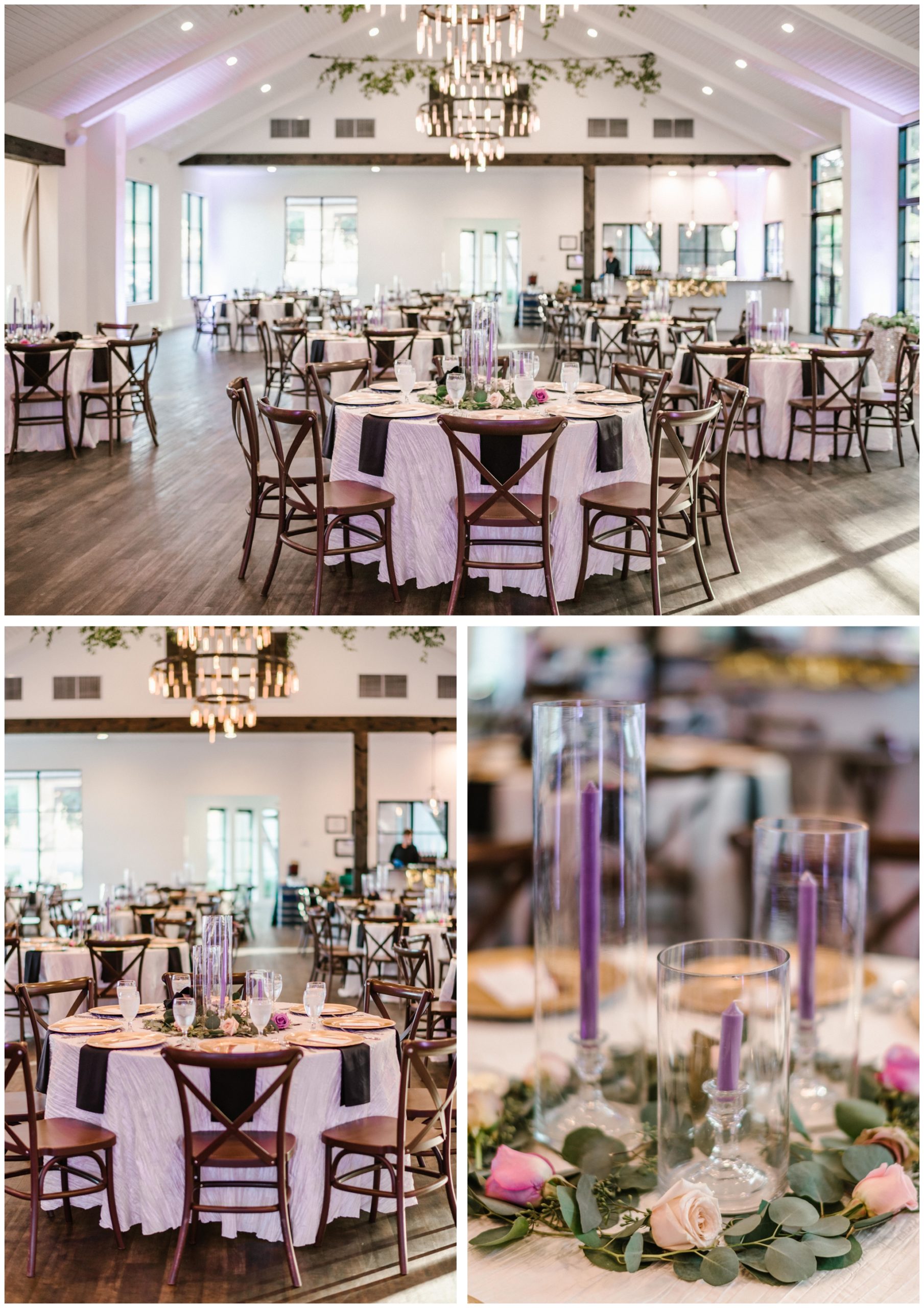 Violet and purple wedding reception flowers