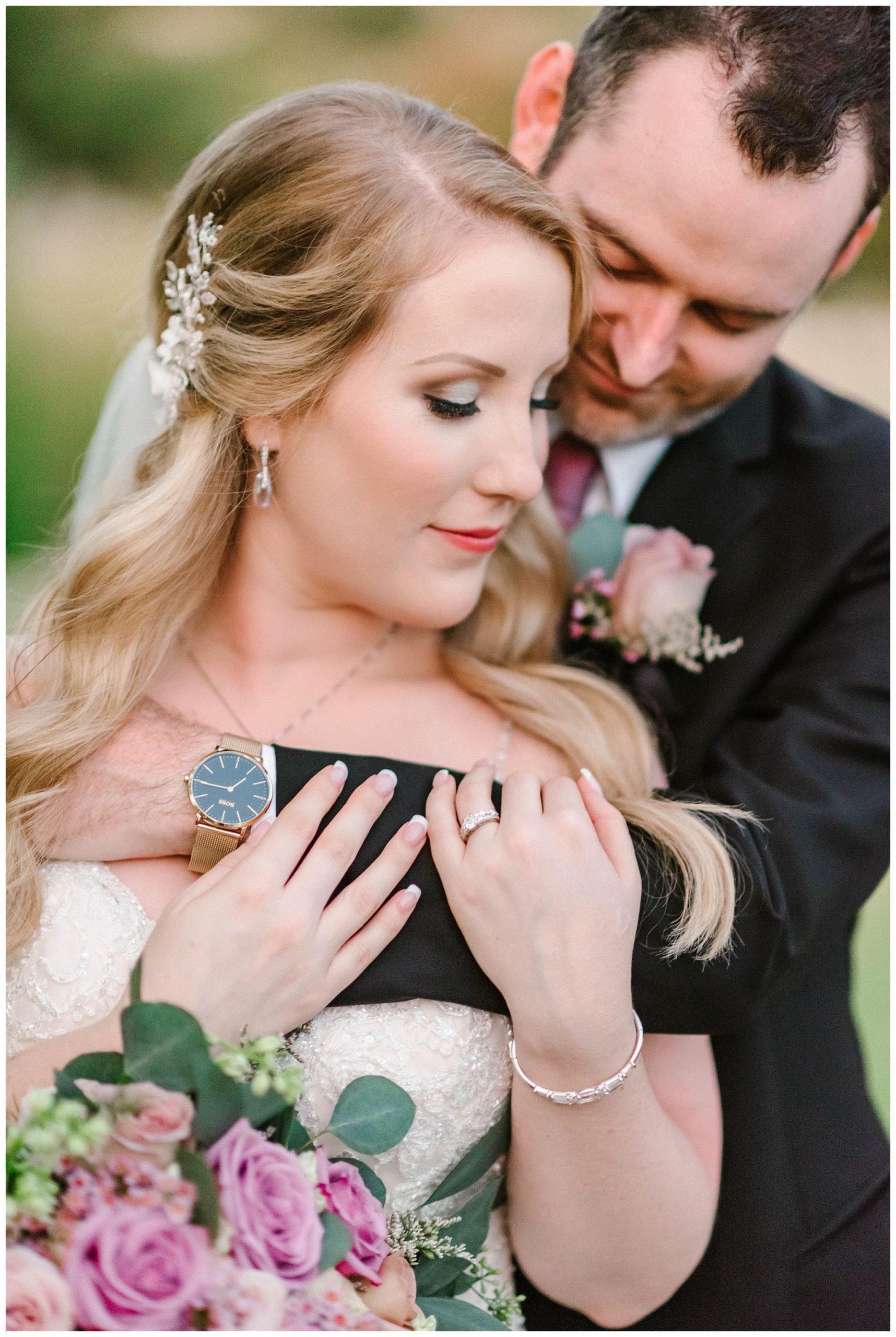 Bride and Groom with Stunning Violet Bouquet