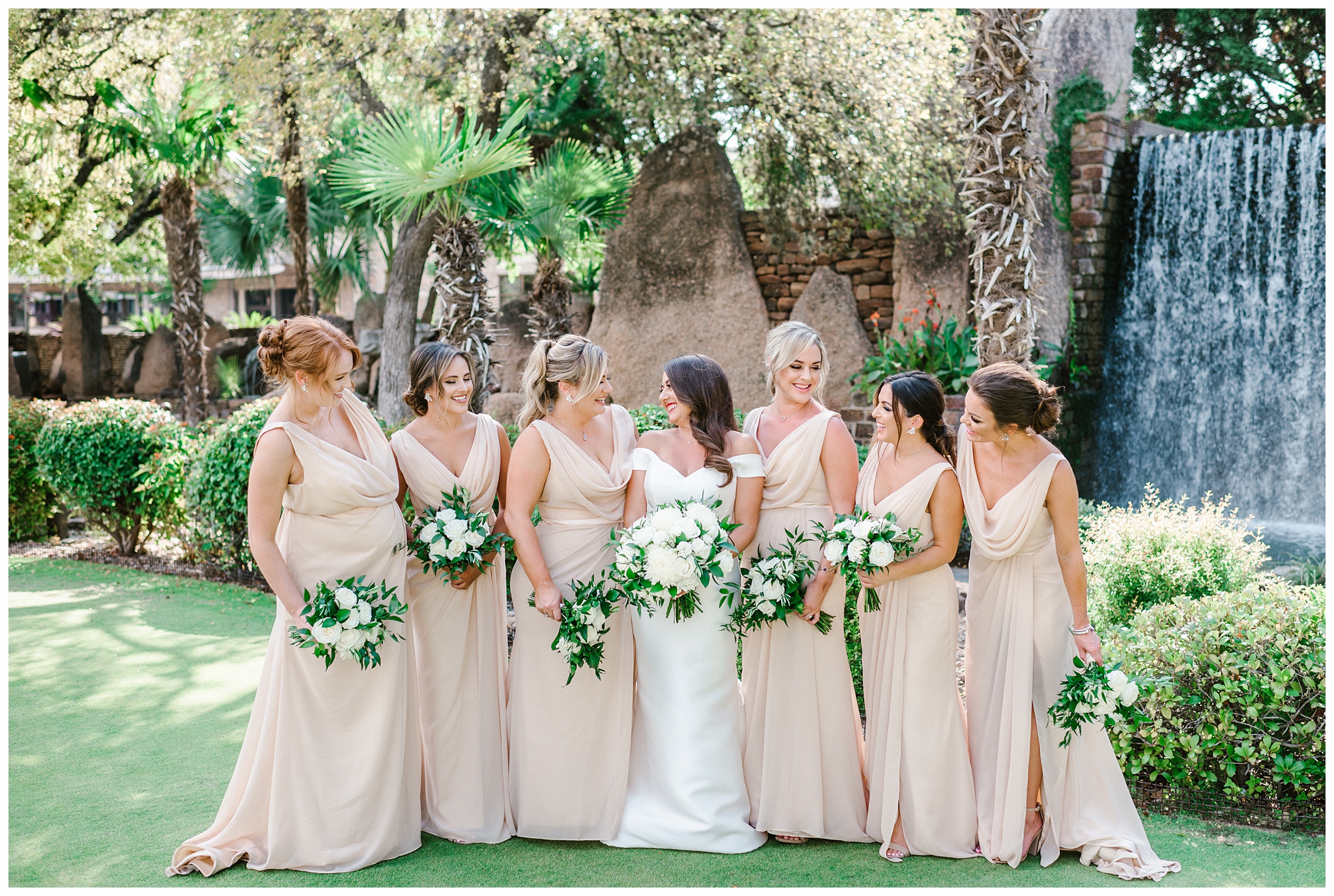 Bridesmaids in Champagne Dresses with Neutral Florals
