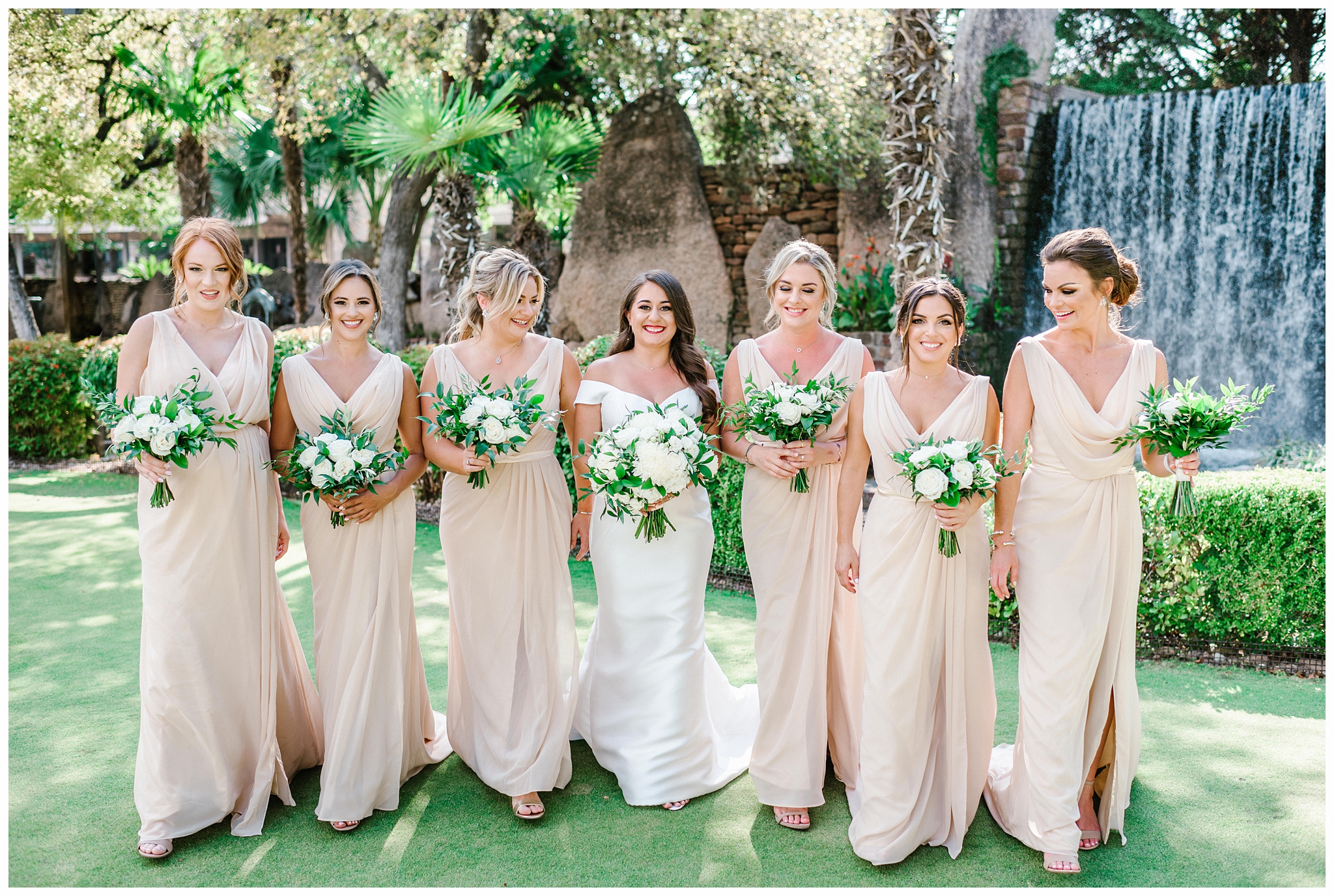 Bridesmaids in Champagne Dresses with Neutral Florals